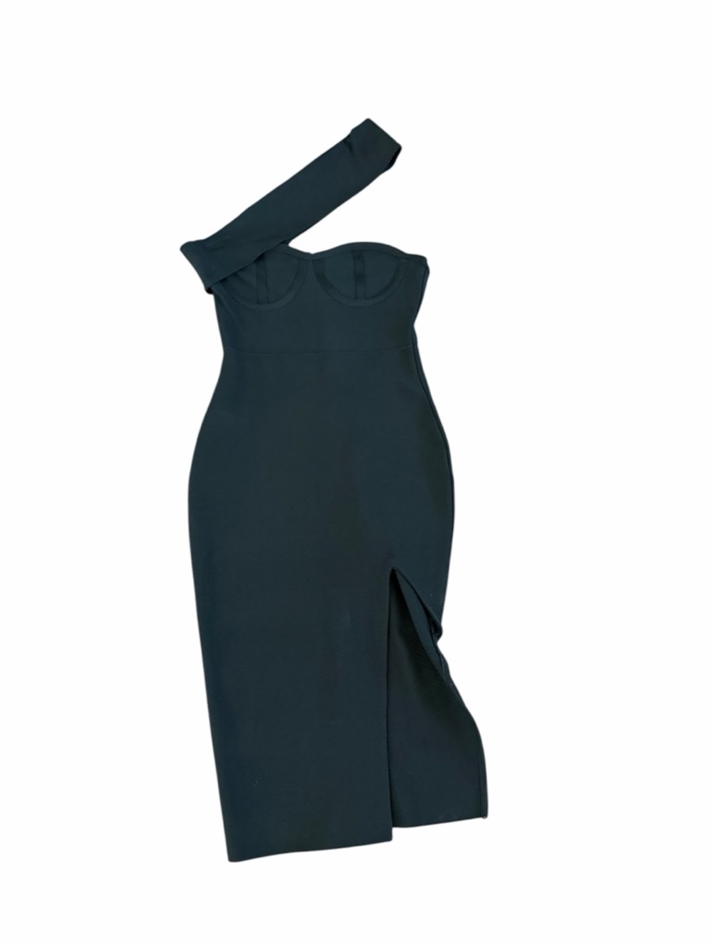 Asymmetric One-Shoulder Black Midi Dress with Front Slit bandage bodycon sz S - Picture 2 of 6